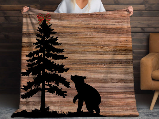 Cozy Christmas Sherpa Blanket, Bear in Woods Cabin theme on Super Soft, Fluffy Cozy Sherpa