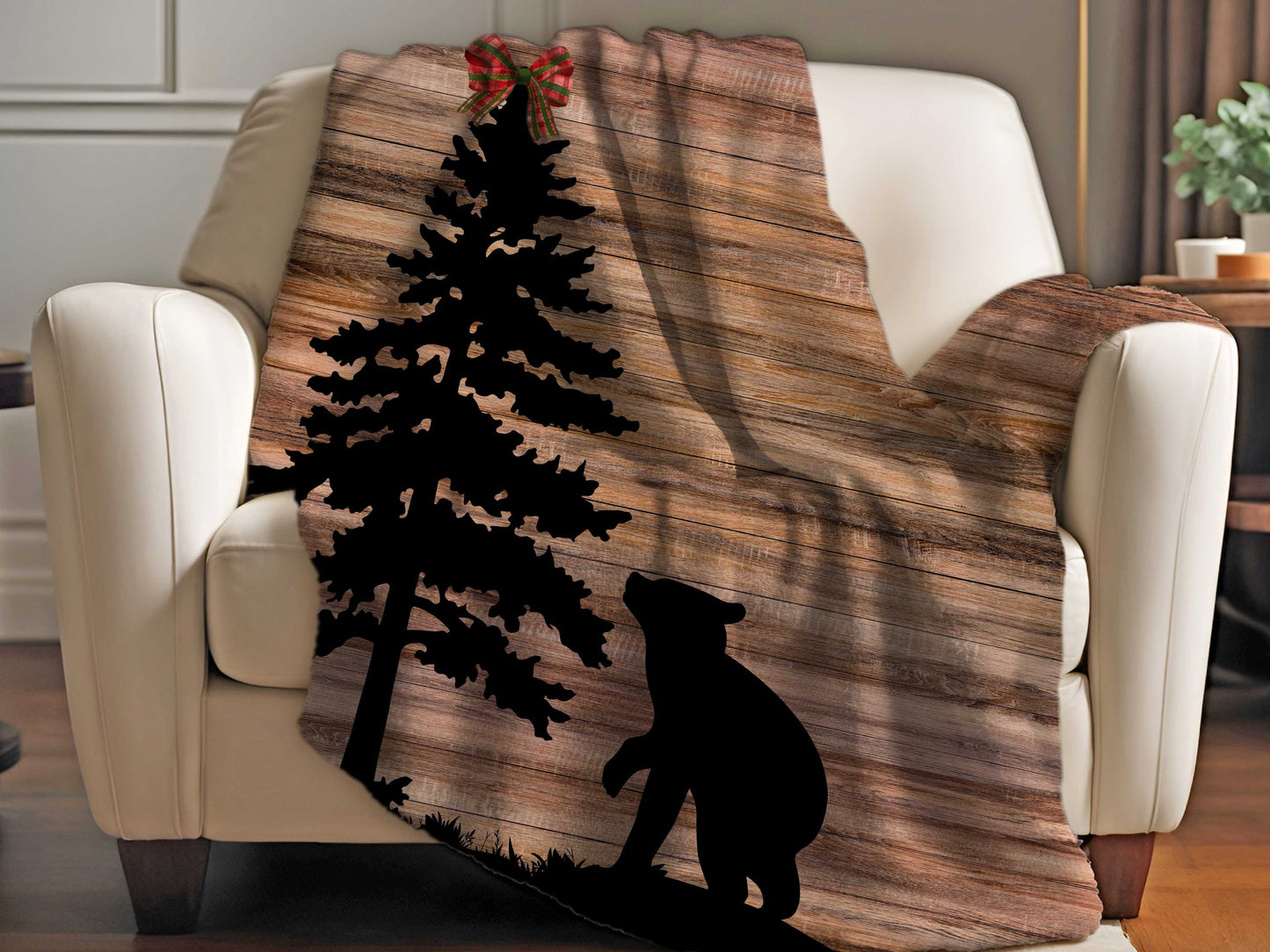 Cozy Christmas Sherpa Blanket, Bear in Woods Cabin theme on Super Soft, Fluffy Cozy Sherpa