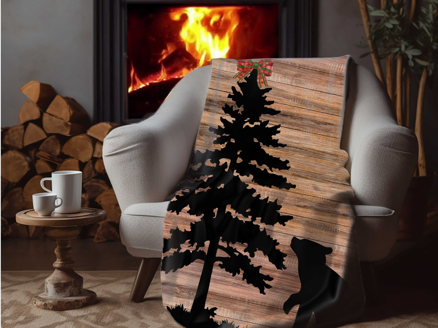 Cozy Christmas Sherpa Blanket, Bear in Woods Cabin theme on Super Soft, Fluffy Cozy Sherpa