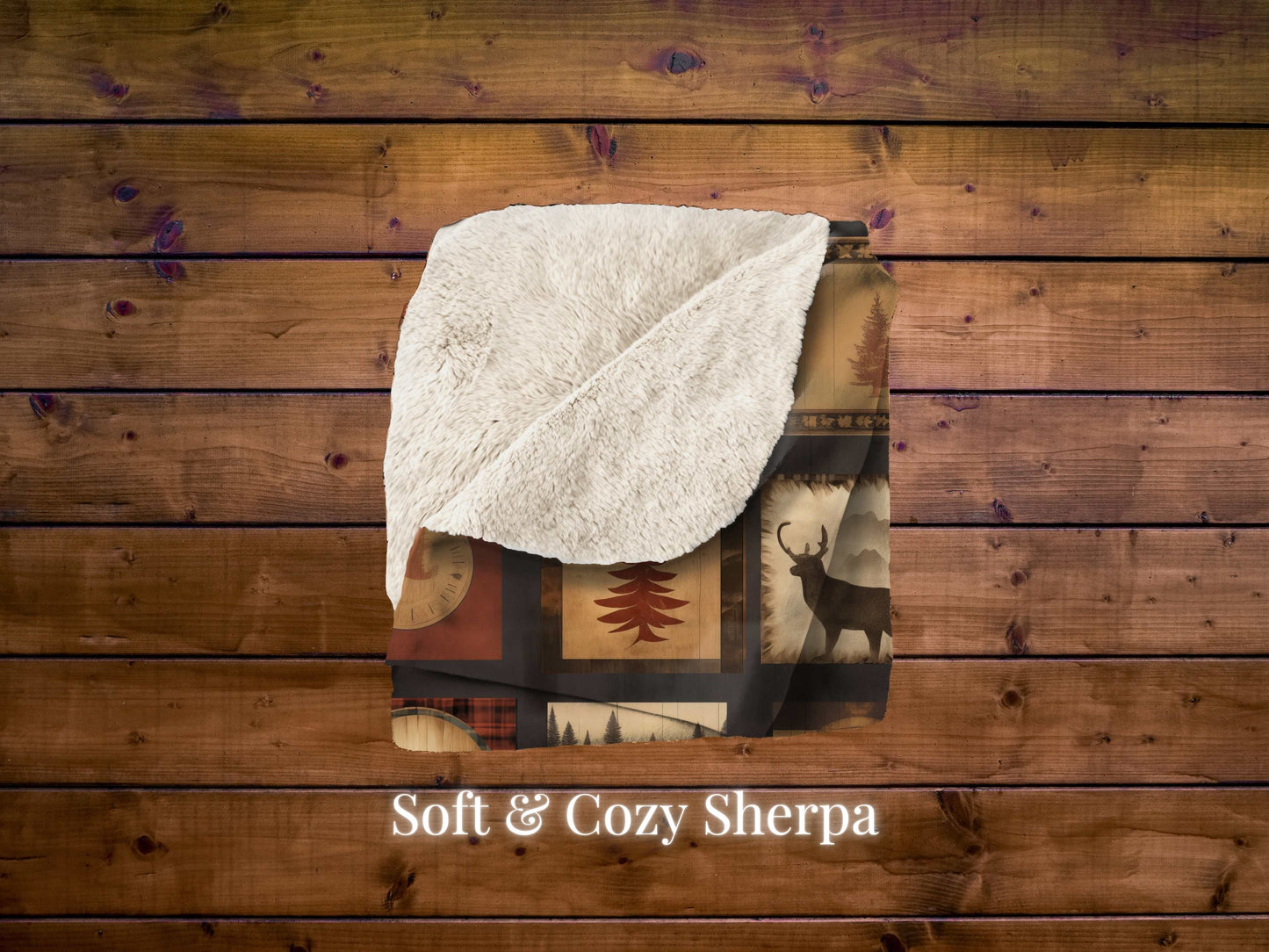 Forest Cozy Sherpa Blanket, Woods Cabin theme blanket Bear and Deer Blanket throw Super Soft, Fluffy and Cozy Sherpa Blanket, hunting throw