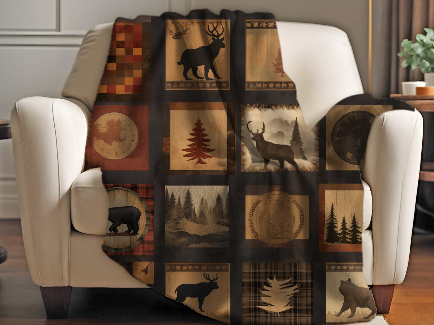 Forest Cozy Sherpa Blanket, Woods Cabin theme blanket Bear and Deer Blanket throw Super Soft, Fluffy and Cozy Sherpa Blanket, hunting throw