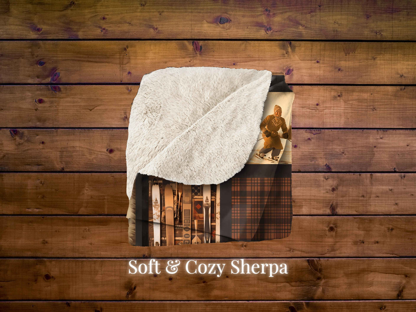 Cozy Ski Lodge Sherpa Blanket, Woods Cabin Ski theme blanket Bear and Deer Blanket throw Super Soft, Fluffy and Cozy Winter Sherpa Blanket