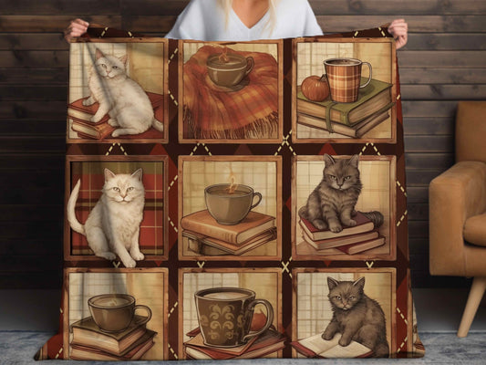 Cozy Cat Books and Coffee Blanket, Fuzzy Sherpa Reading and Coffee themed  blanket.  Kittens and Vintage book. cozy throw Super Soft Blanket