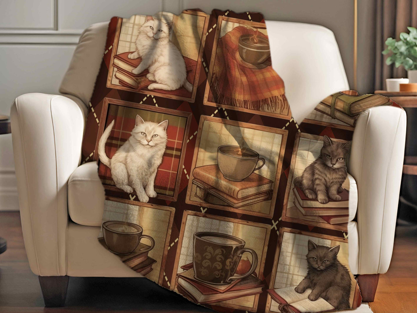 Cozy Cat Books and Coffee Blanket, Fuzzy Sherpa Reading and Coffee themed  blanket.  Kittens and Vintage book. cozy throw Super Soft Blanket