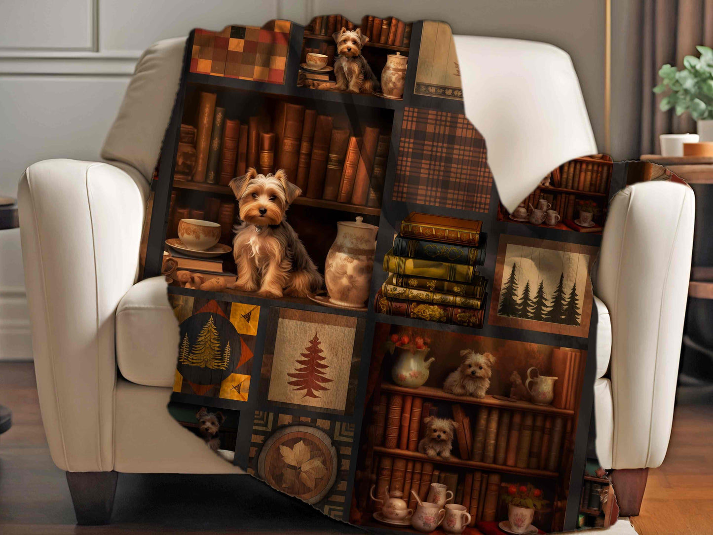 Cozy Yorki Books and Coffee Blanket, Fuzzy Sherpa Reading and Coffee themed blanket.  Yorkie and Vintage book. cozy throw Super Soft Blanket