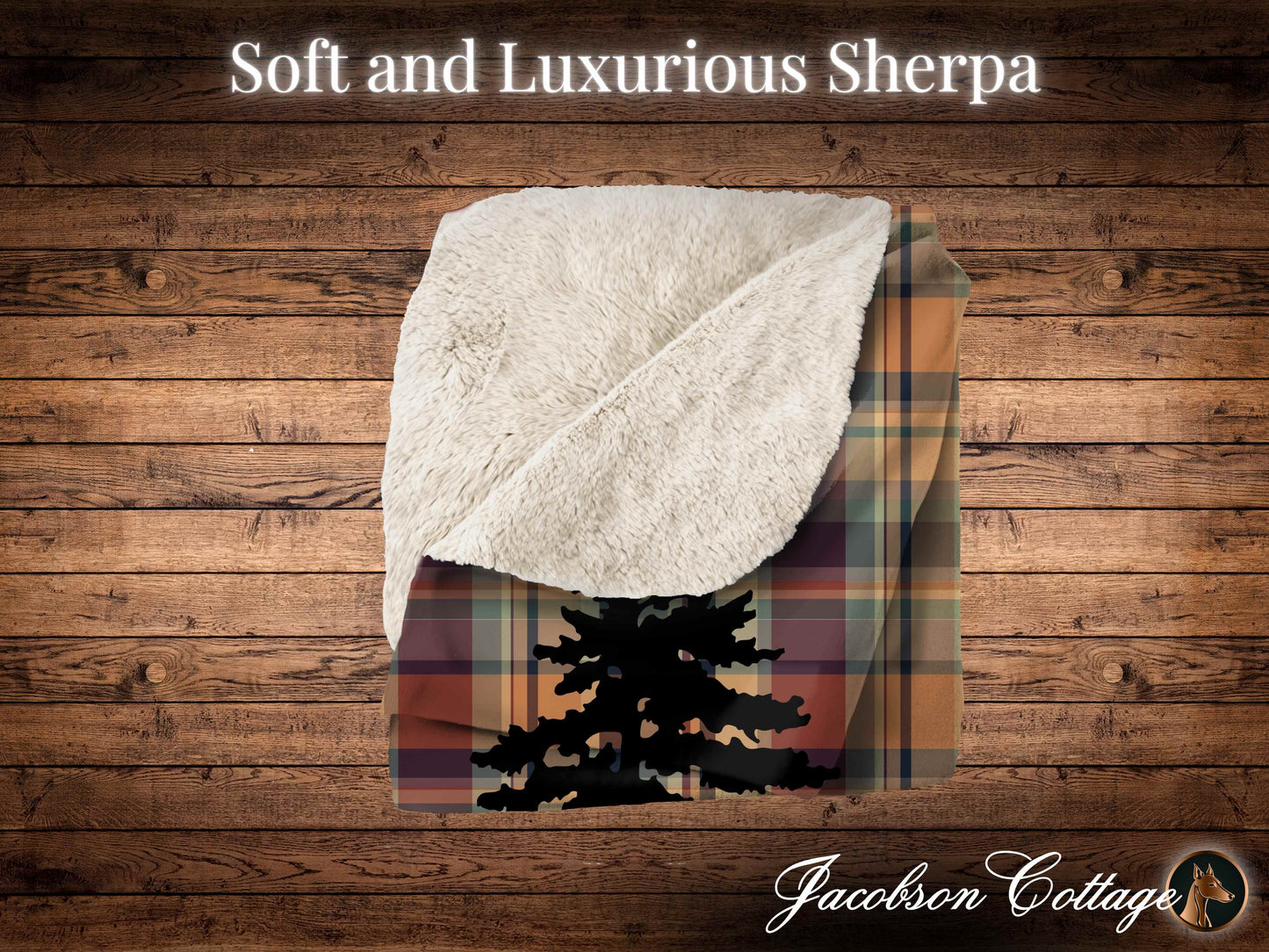 Cozy Christmas Sherpa Blanket.  Bear in Woods Cabin theme blanket, lined in Super Soft and Fluffy Cozy Sherpa.