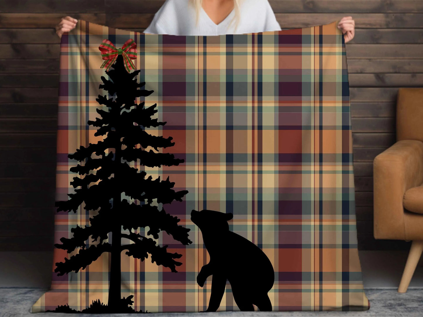 Cozy Christmas Sherpa Blanket.  Bear in Woods Cabin theme blanket, lined in Super Soft and Fluffy Cozy Sherpa.